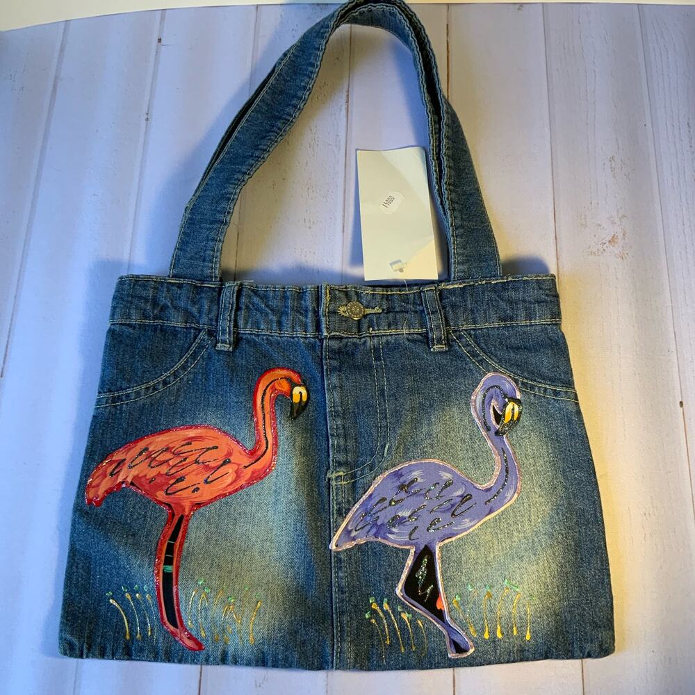 Small jean tote with painted flamingos